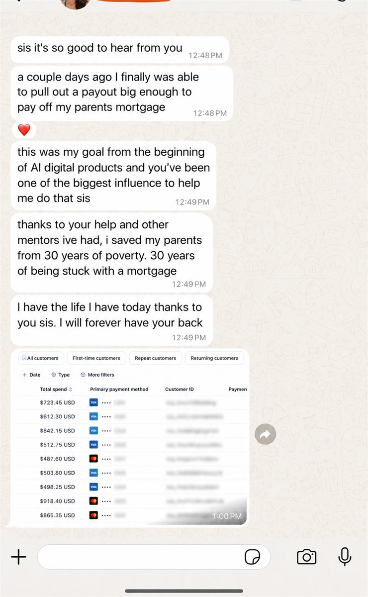 WhatsApp messages from a member who pulled a payout big enough to pay off her parents' mortgage.
